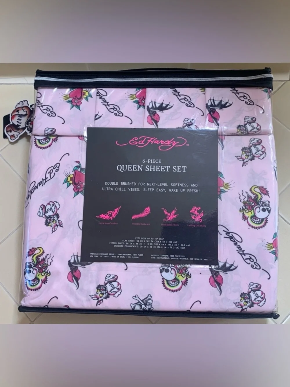 Ed Hardy 6 Piece Queen Sheet Set Pink Tattoo Print Includes 4 Pillowcases